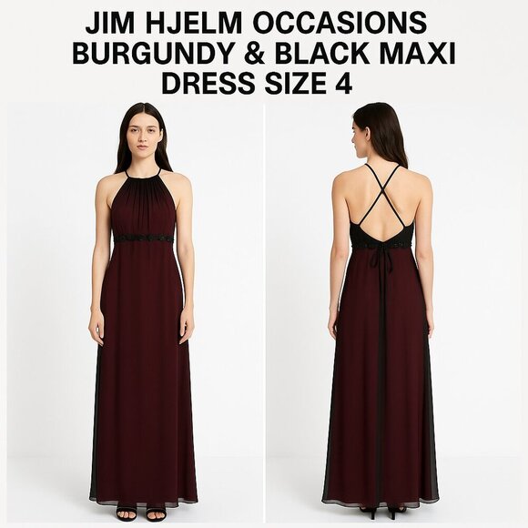 JIM HJELM OCCASIONS BURGUNDY & BLACK MAXI DRESS SIZE 4 - Picture 1 of 12
